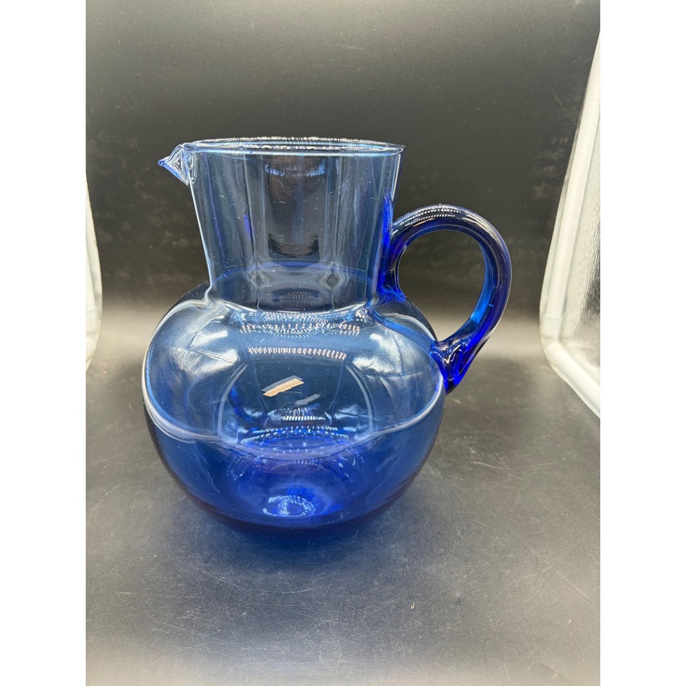 Vintage Cobalt Blue Glass Pitcher Hand Blown Bulbous Water‎ Carafe Juice Jug